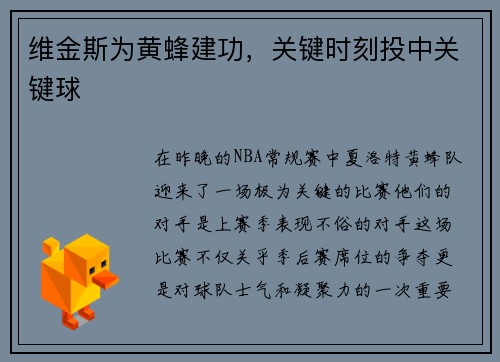 维金斯为黄蜂建功，关键时刻投中关键球